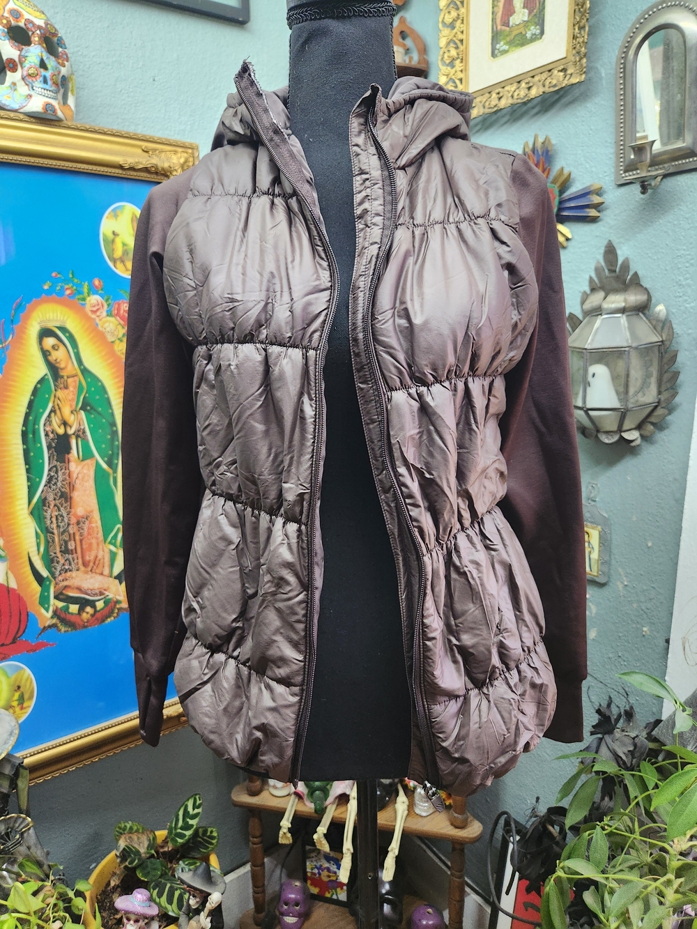 Avia Brown Hooded Mixed-Material Puffer Jacket